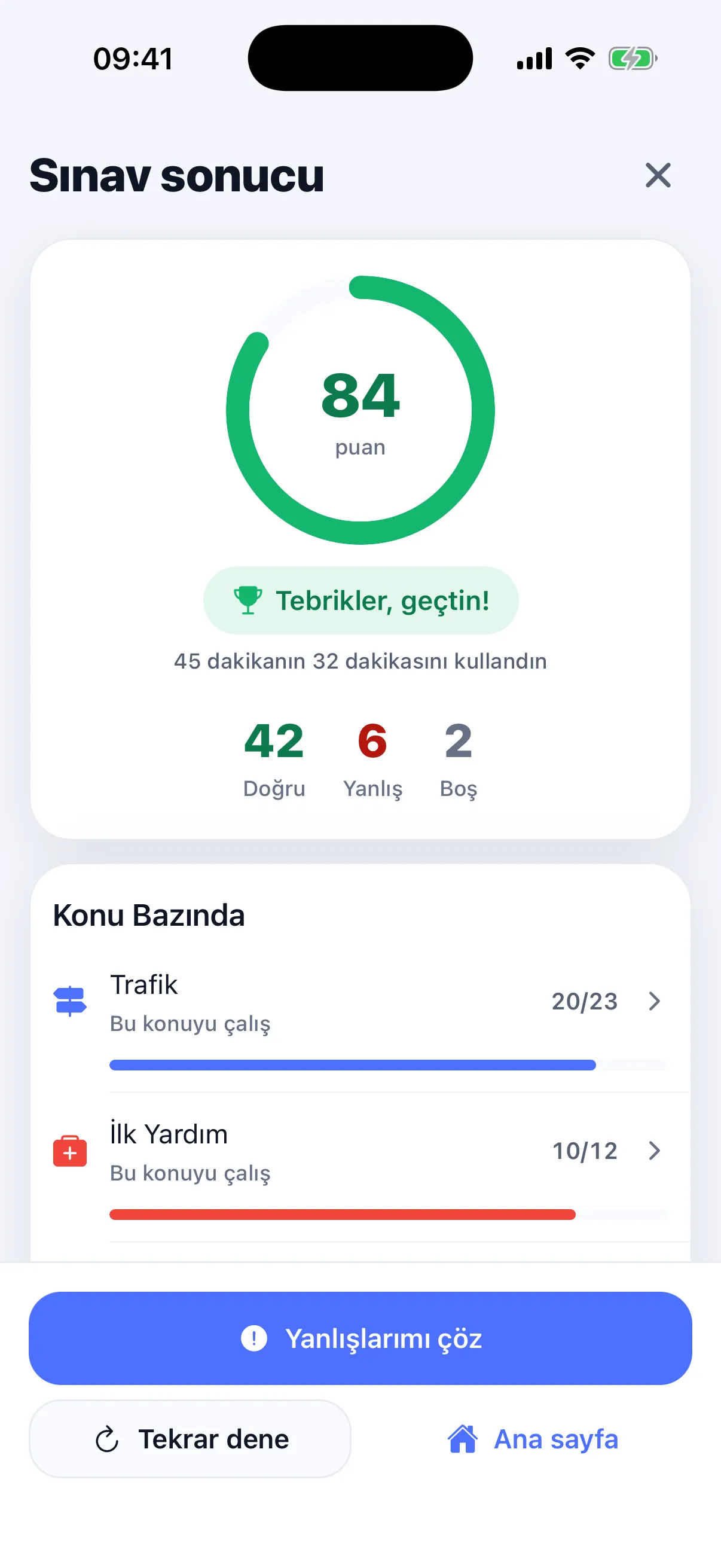Sınav sonucu ekranı: 84 puanla geçildi, 42 doğru 6 yanlış 2 boş ve konu bazında doğruluk çubukları