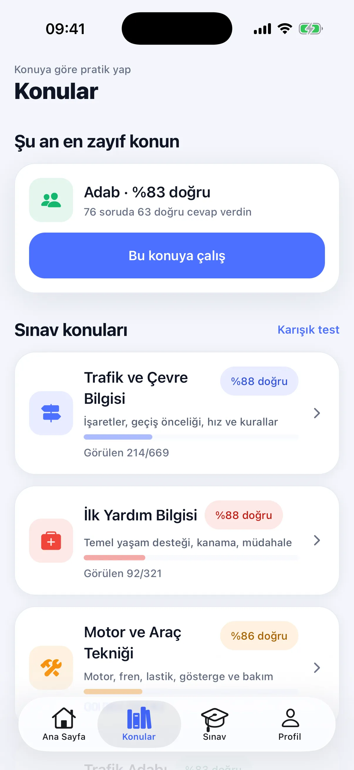 Konular ekranı: en zayıf konu olarak Trafik Adabı, Trafik 214/669 ve İlk Yardım 92/321 ilerlemesi