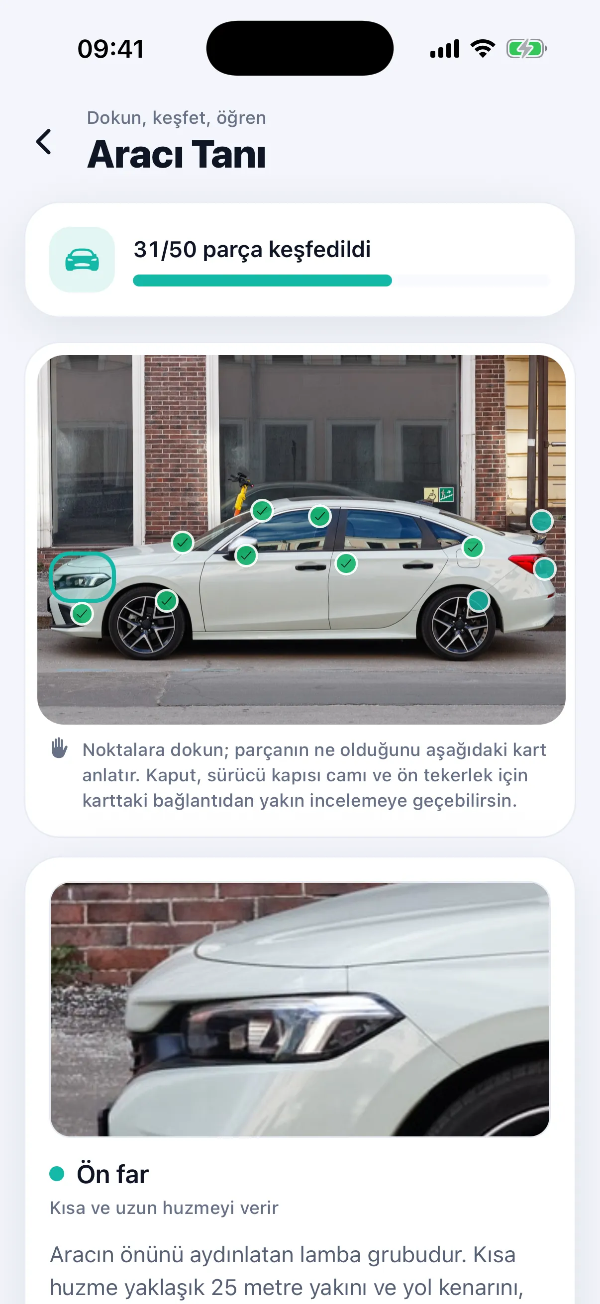 Aracı Tanı ekranı: aracın fotoğrafı üzerinde işaretli parça noktaları, 31/50 keşif ilerlemesi ve ön far açıklaması